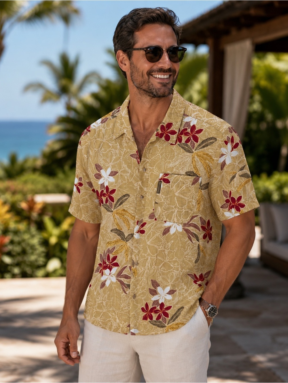 Columbia Men's Hawaiian Shirt Tan Floral Camp Shirt Linen Cotton Blend. Size Lg
